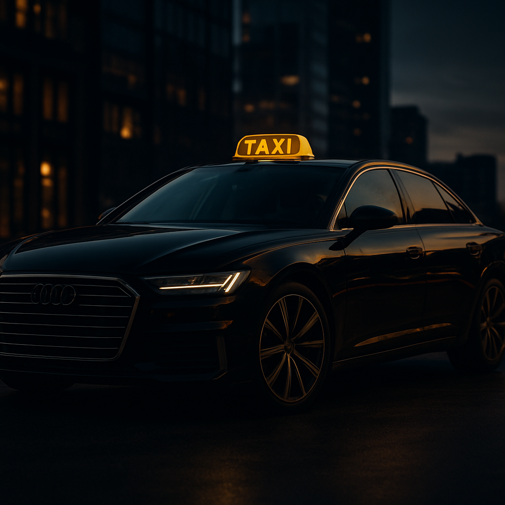 Black luxury sedan taxi at dusk